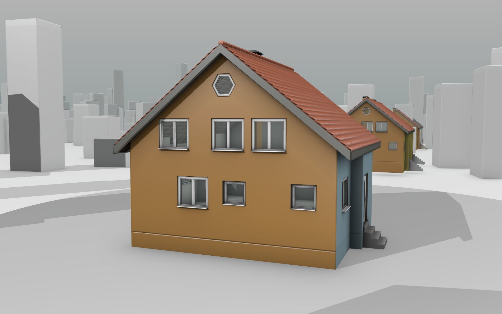 City House - 7 - Half-Double-House - Roof red - Wall skyblue Low-poly 3D model_4