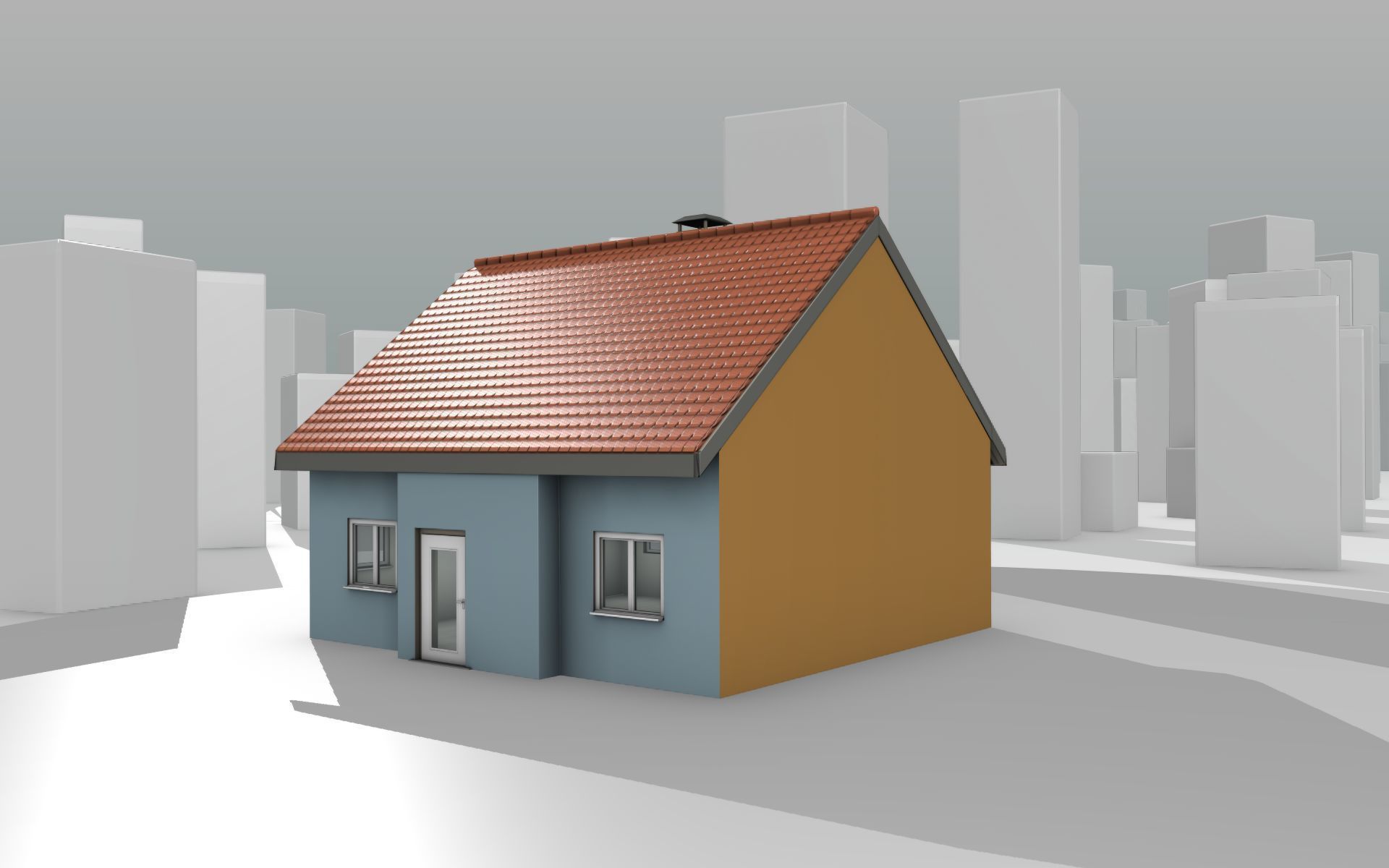 City House - 7 - Half-Double-House - Roof red - Wall skyblue Low-poly 3D model_14