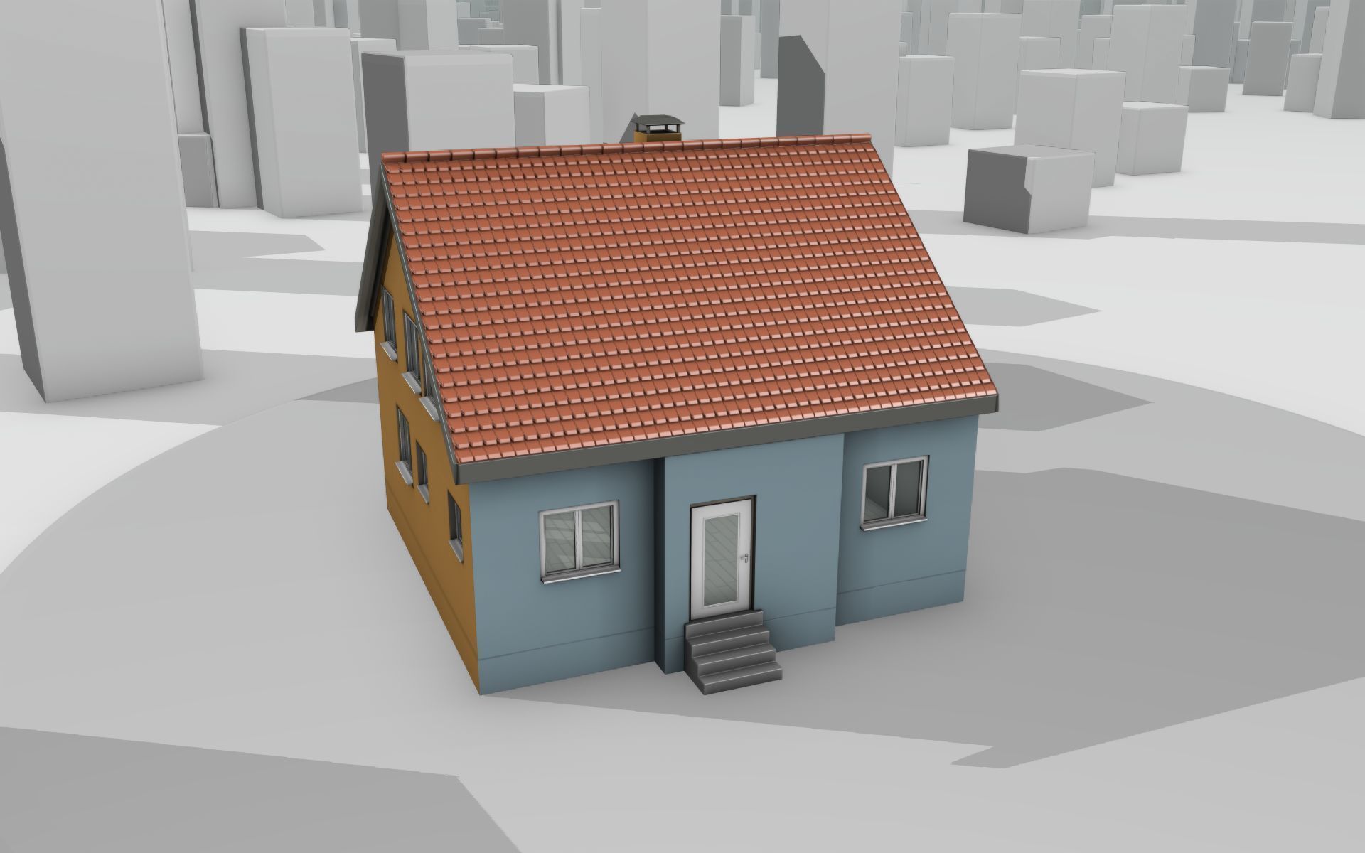 City House - 7 - Half-Double-House - Roof red - Wall skyblue Low-poly 3D model_31