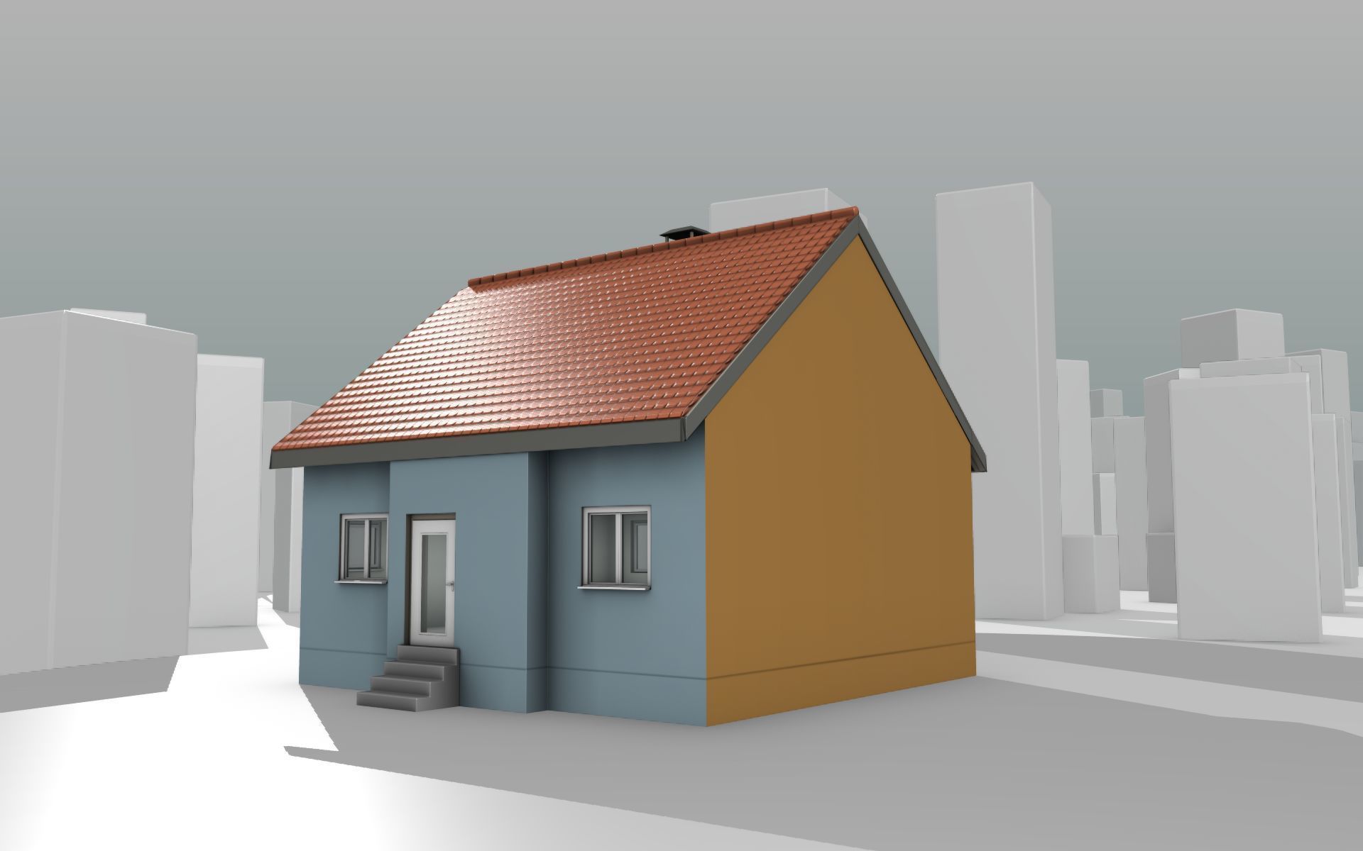 City House - 7 - Half-Double-House - Roof red - Wall skyblue Low-poly 3D model_10