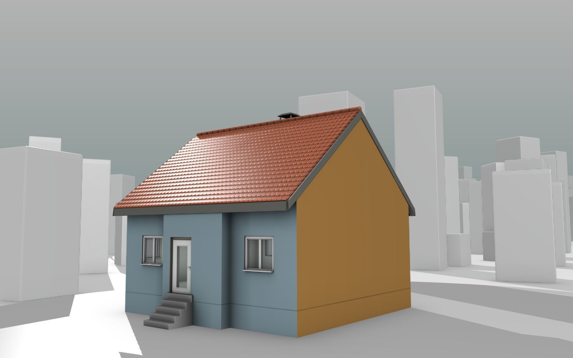 City House - 7 - Half-Double-House - Roof red - Wall skyblue Low-poly 3D model_9