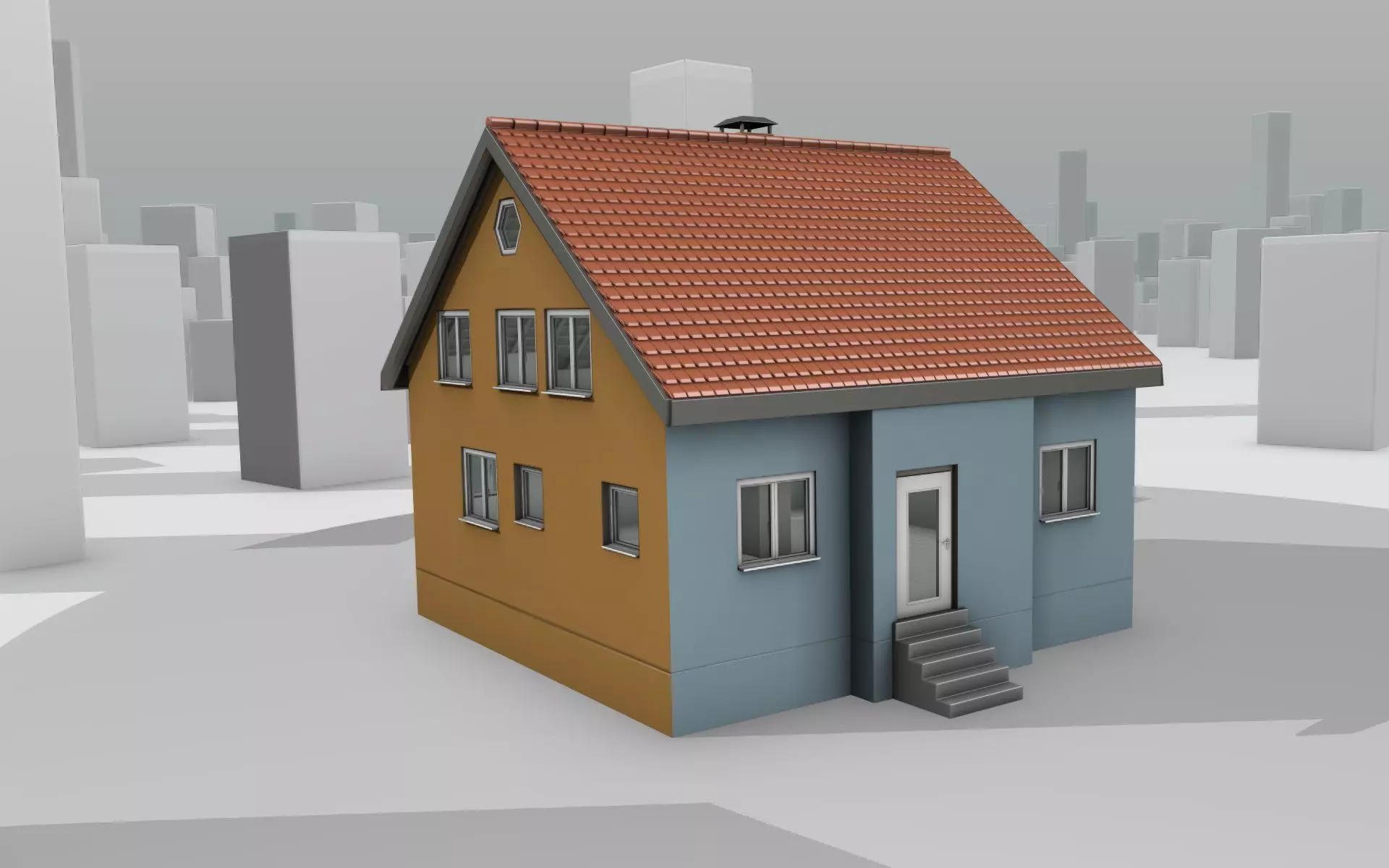 City House - 7 - Half-Double-House - Roof red - Wall skyblue Low-poly 3D model_0