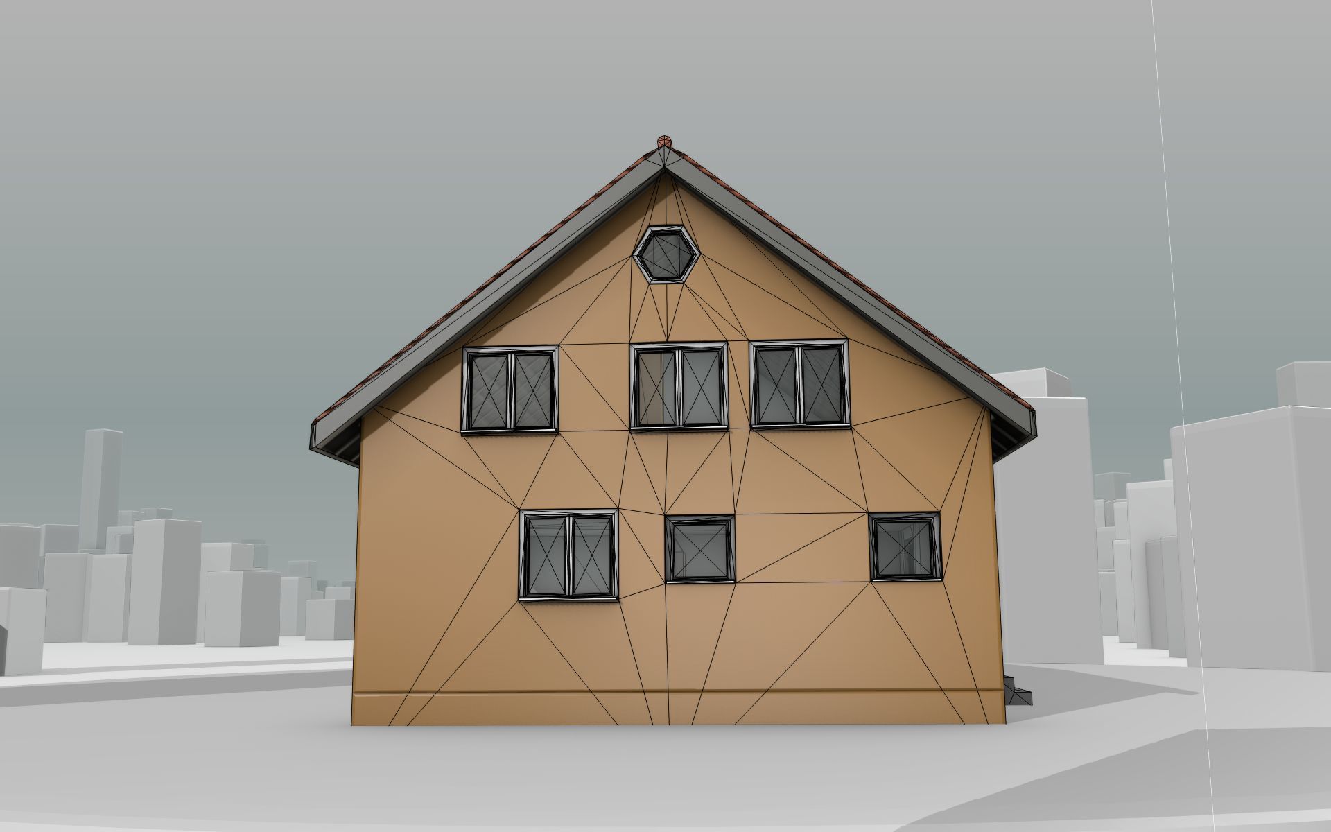 City House - 7 - Half-Double-House - Roof red - Wall skyblue Low-poly 3D model_17