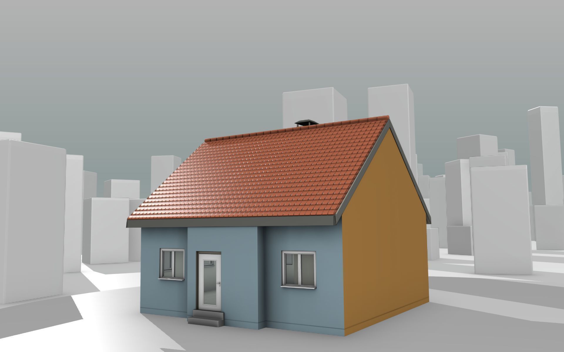 City House - 7 - Half-Double-House - Roof red - Wall skyblue Low-poly 3D model_12