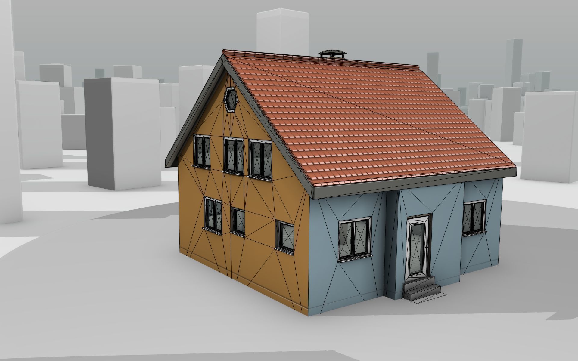 City House - 7 - Half-Double-House - Roof red - Wall skyblue Low-poly 3D model_18