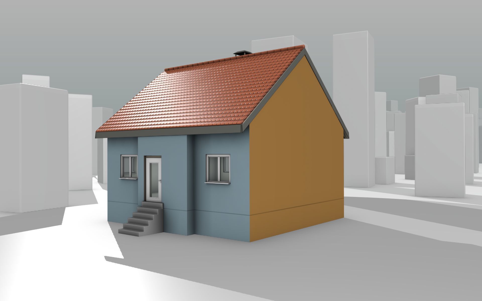 City House - 7 - Half-Double-House - Roof red - Wall skyblue Low-poly 3D model_8