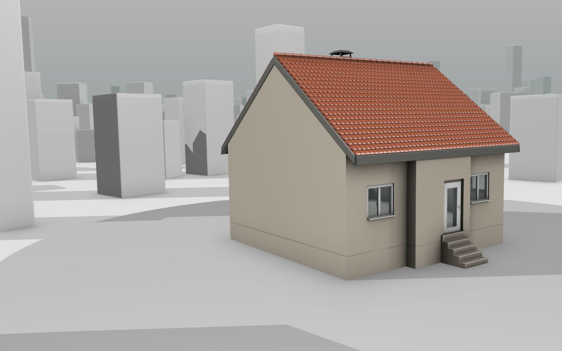City House - 6 - Half-Double-House - Roof red - Wall skinyellow Low-poly 3D model_2