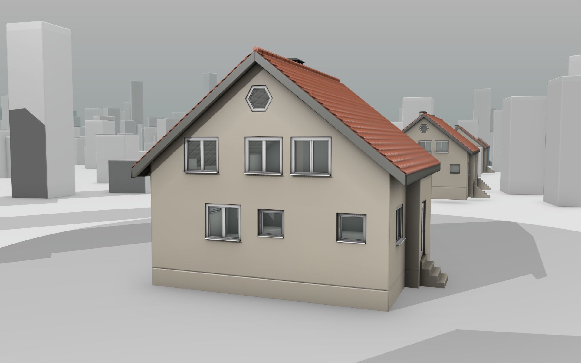 City House - 4 - Half-Double-House - Roof red - Wall skinyellow Low-poly 3D model_3