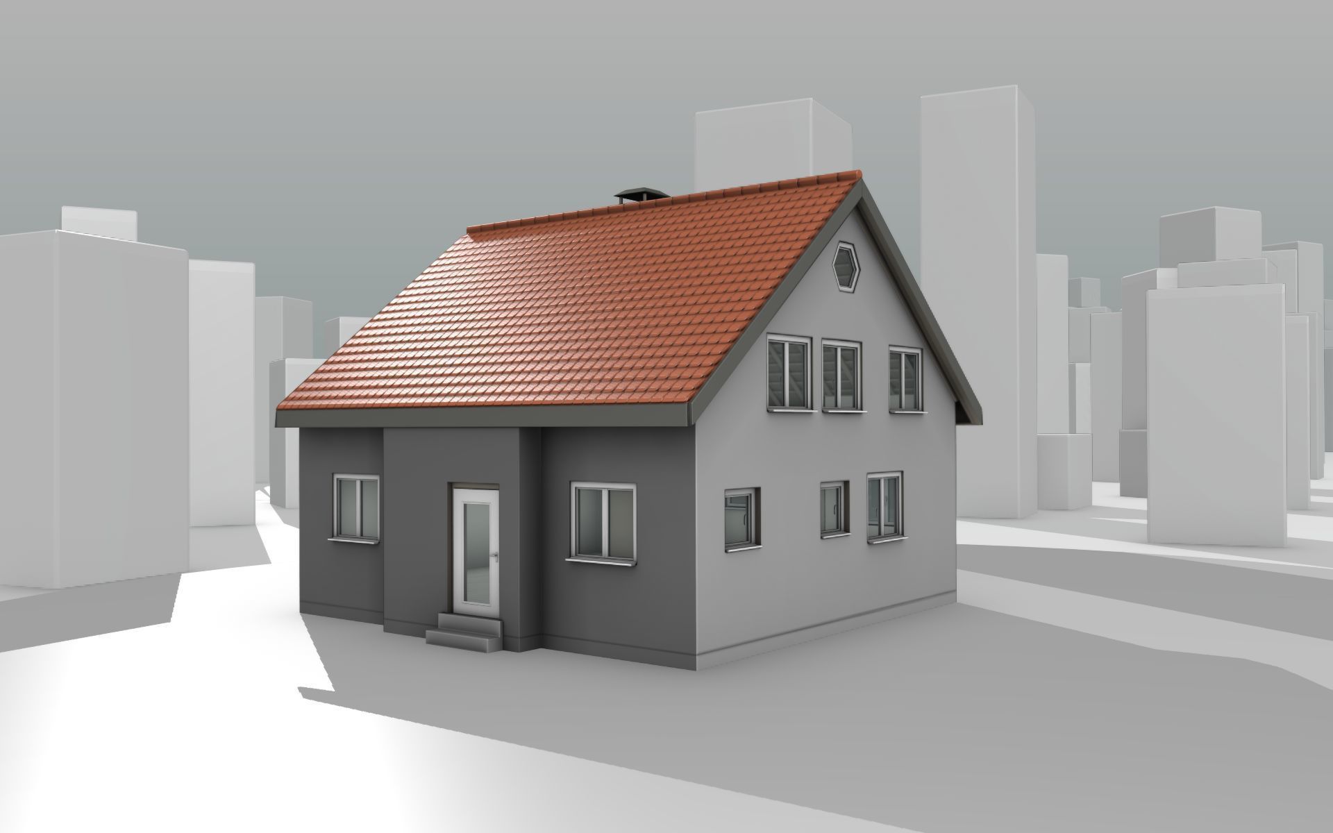 City House - 3 - Half-Double-House - Roof red - Wall black white Low-poly 3D model_12