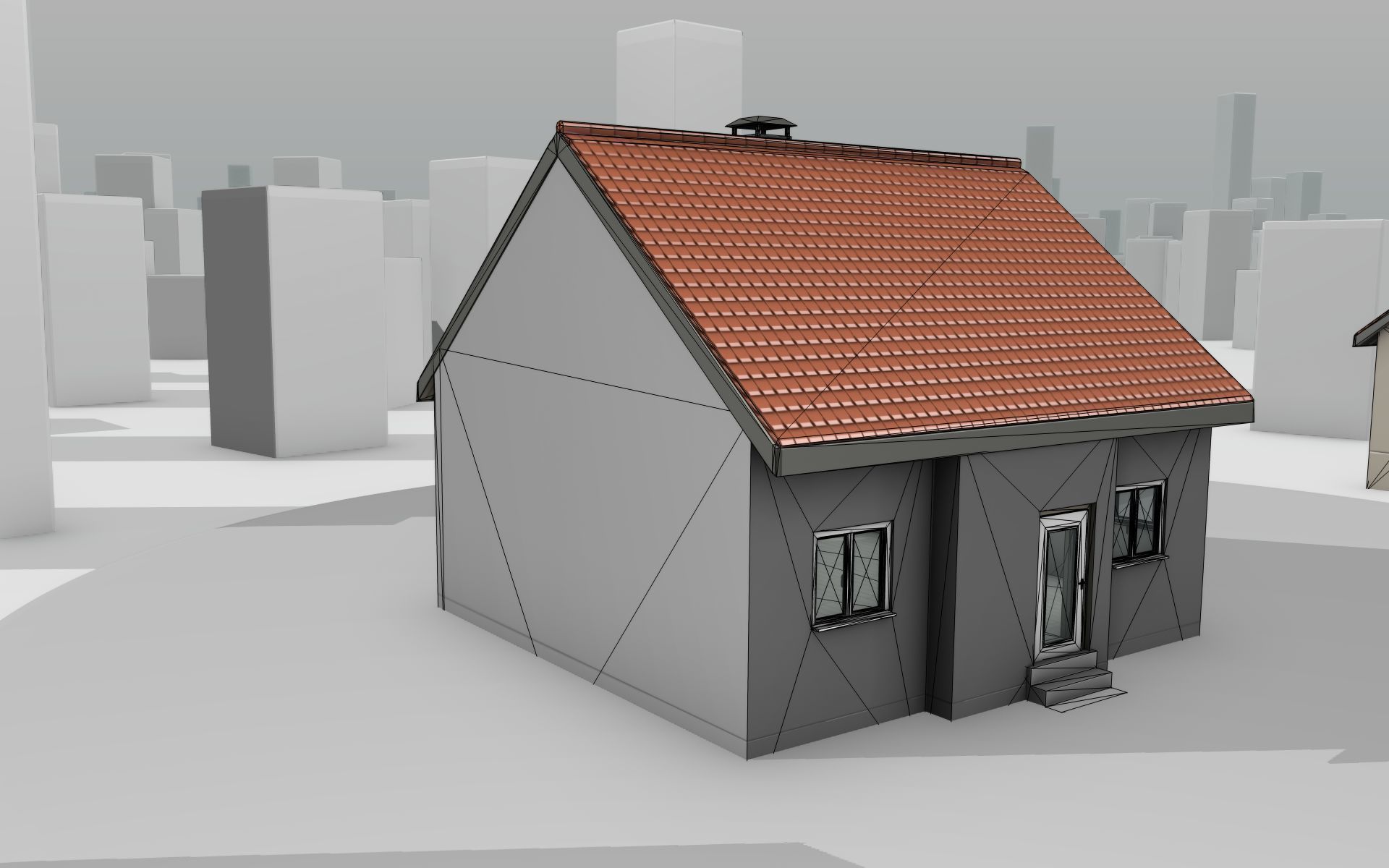 City House - 3 - Half-Double-House - Roof red - Wall black white Low-poly 3D model_18