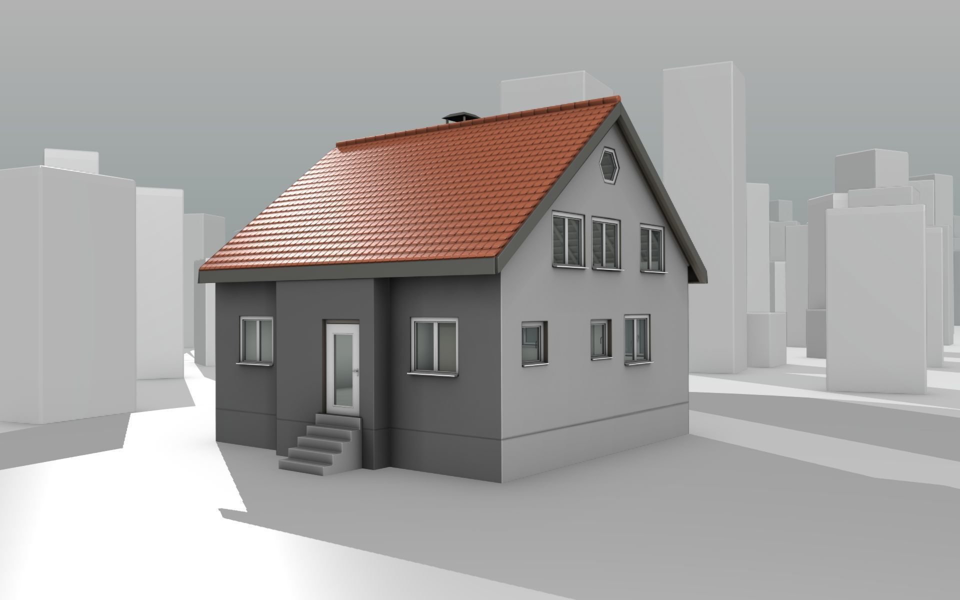 City House - 3 - Half-Double-House - Roof red - Wall black white Low-poly 3D model_9