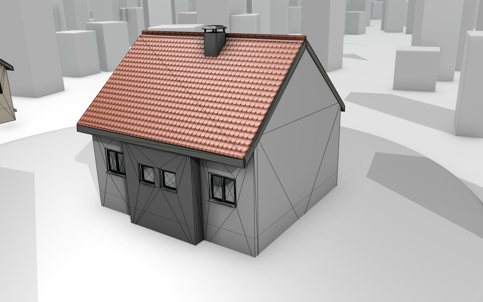 City House - 3 - Half-Double-House - Roof red - Wall black white Low-poly 3D model_15