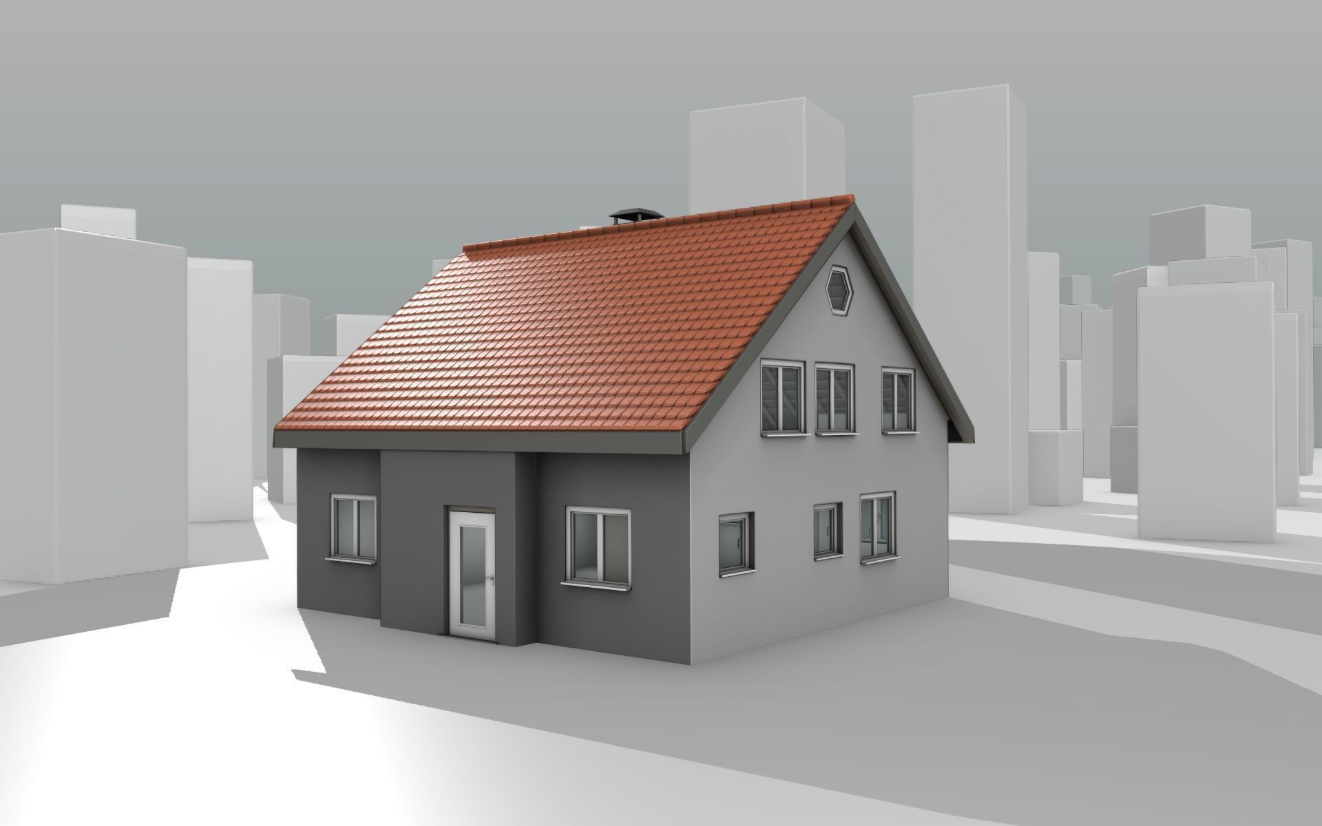 City House - 3 - Half-Double-House - Roof red - Wall black white Low-poly 3D model_14
