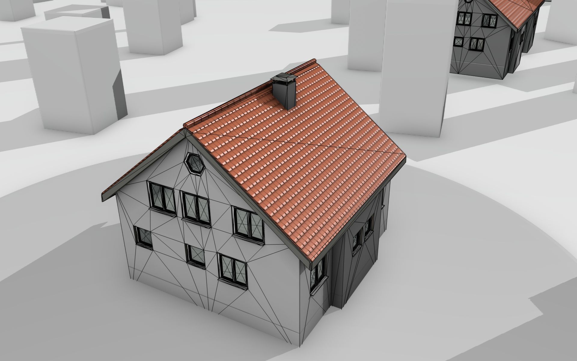 City House - 3 - Half-Double-House - Roof red - Wall black white Low-poly 3D model_23