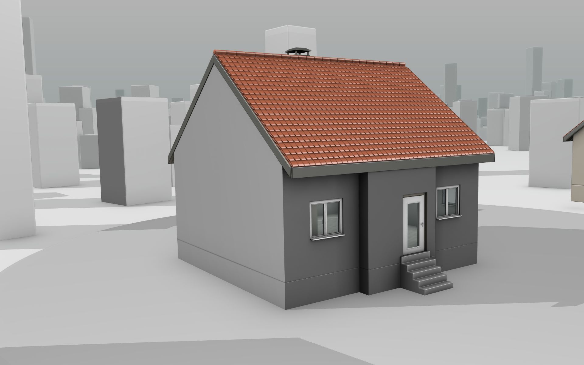 City House - 3 - Half-Double-House - Roof red - Wall black white Low-poly 3D model_2