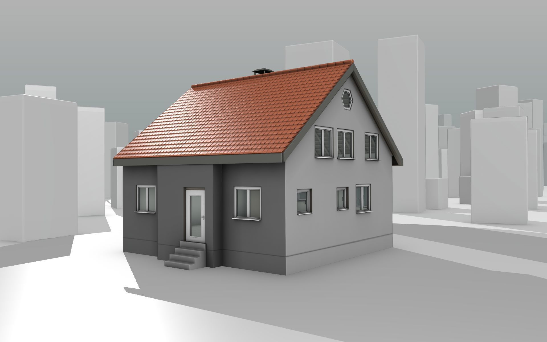 City House - 3 - Half-Double-House - Roof red - Wall black white Low-poly 3D model_10