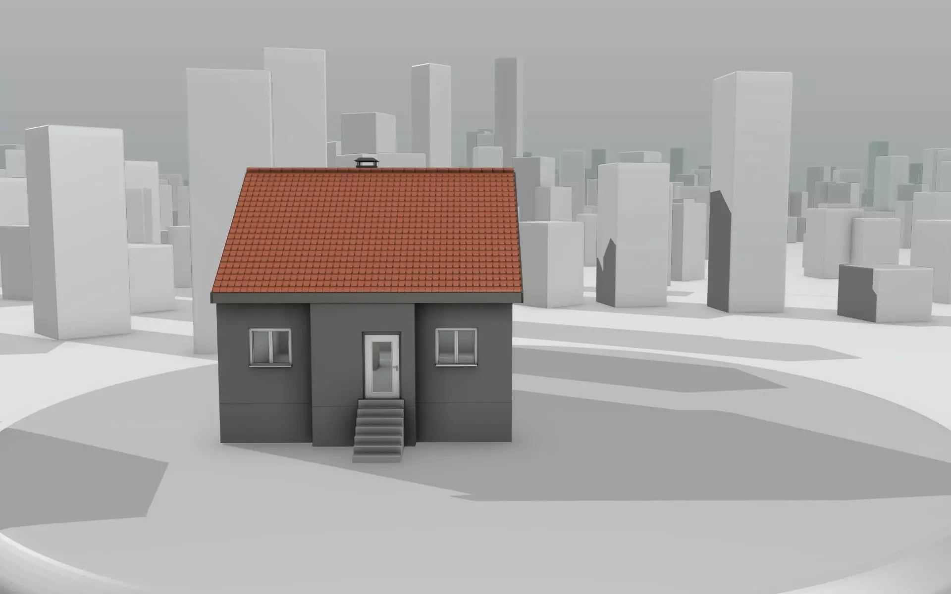 City House - 3 - Half-Double-House - Roof red - Wall black white Low-poly 3D model_0