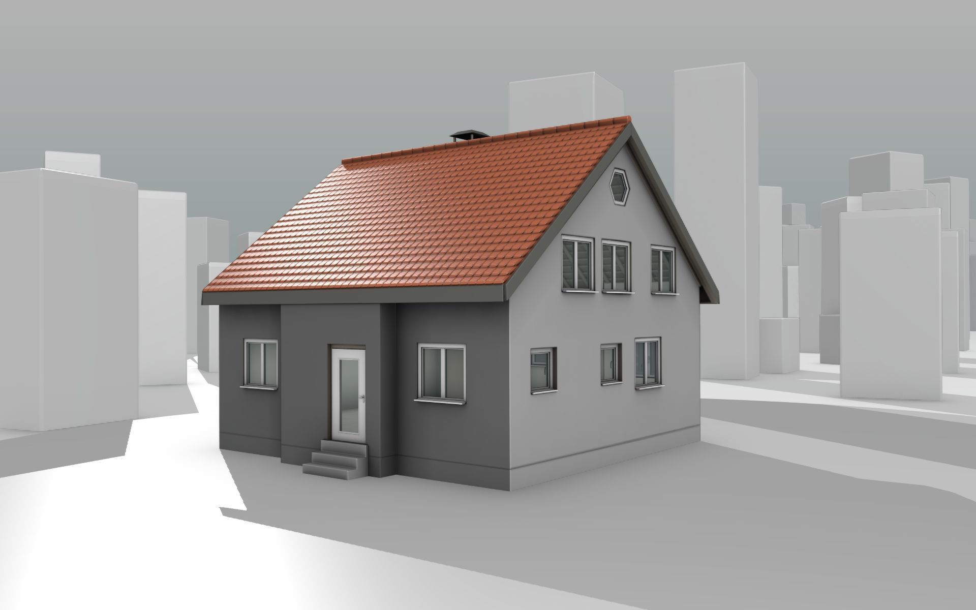 City House - 3 - Half-Double-House - Roof red - Wall black white Low-poly 3D model_11