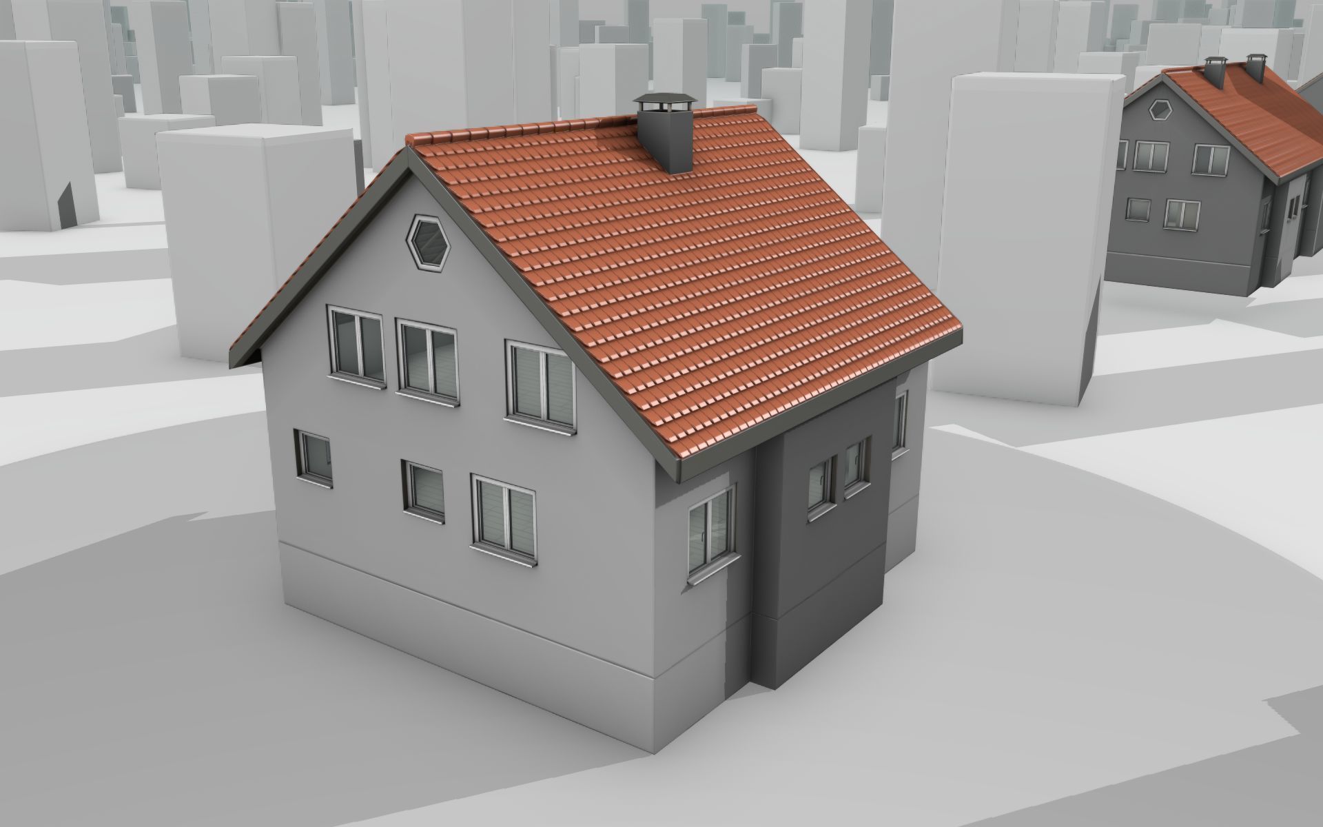 City House - 3 - Half-Double-House - Roof red - Wall black white Low-poly 3D model_7