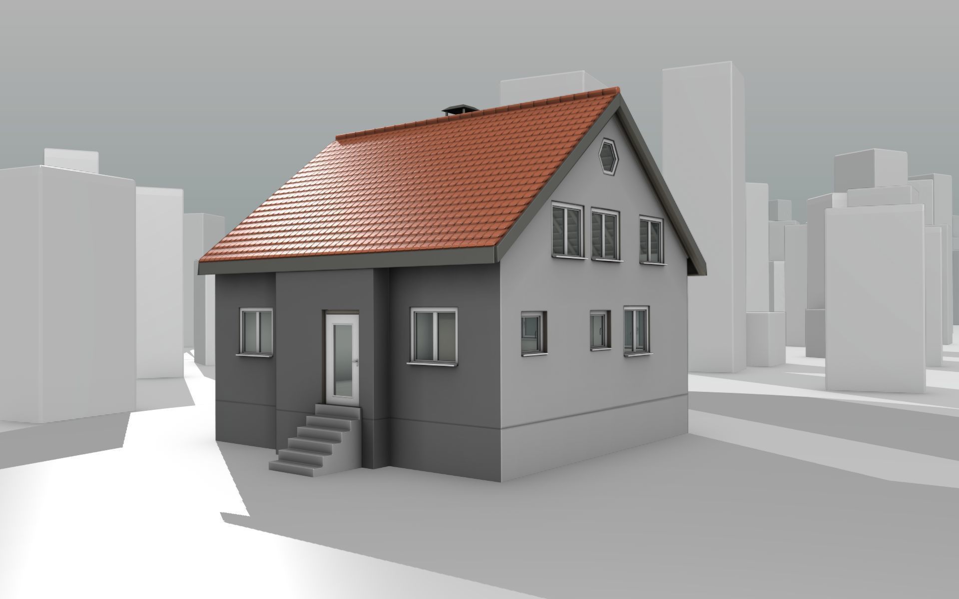 City House - 3 - Half-Double-House - Roof red - Wall black white Low-poly 3D model_8