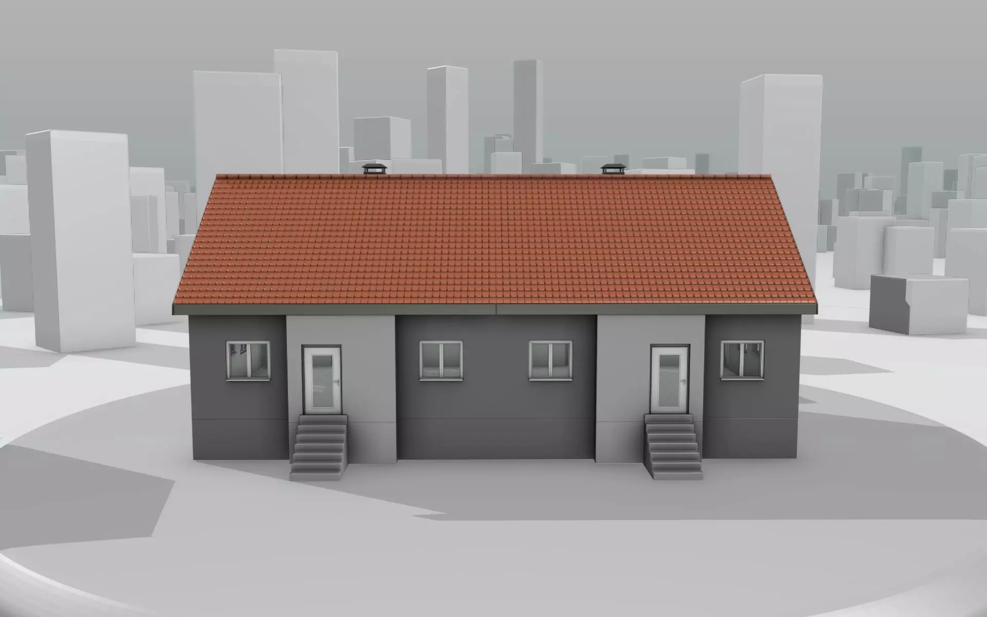 City House -2- Double-House - Roof red - Wall gray black Low-poly 3D model_0