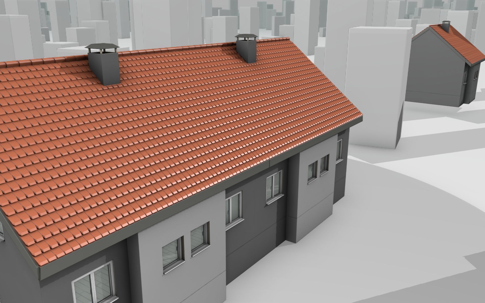 City House -2- Double-House - Roof red - Wall gray black Low-poly 3D model_2