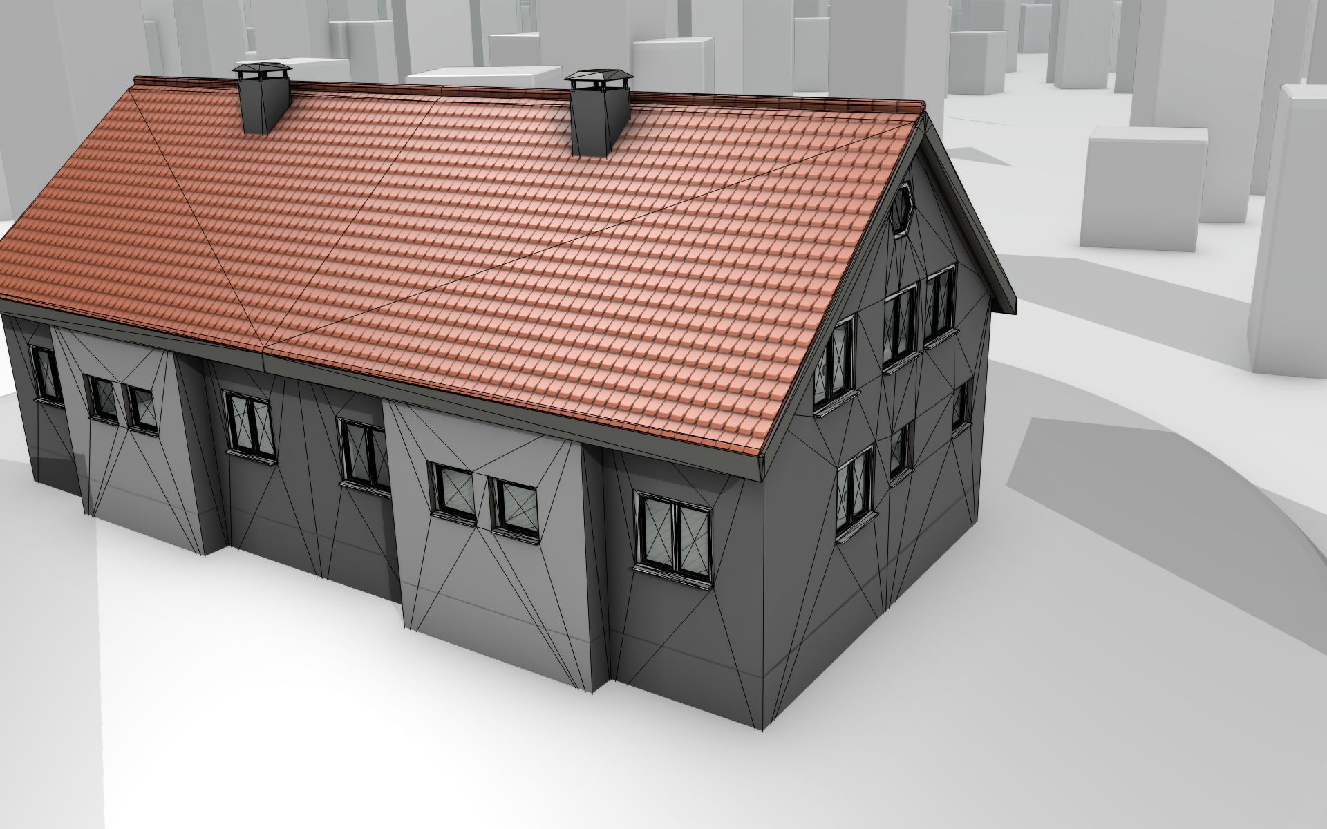 City House -2- Double-House - Roof red - Wall gray black Low-poly 3D model_17