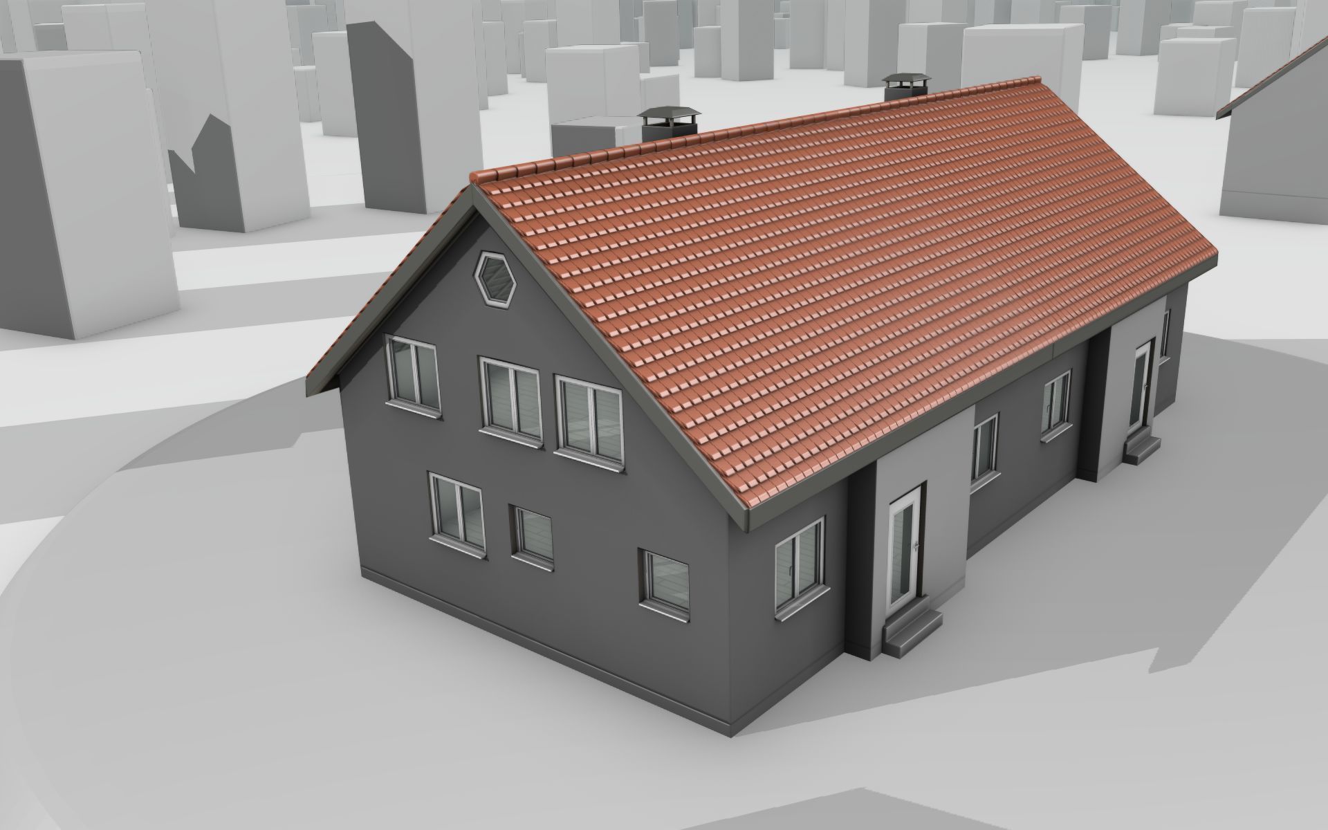 City House -2- Double-House - Roof red - Wall gray black Low-poly 3D model_35