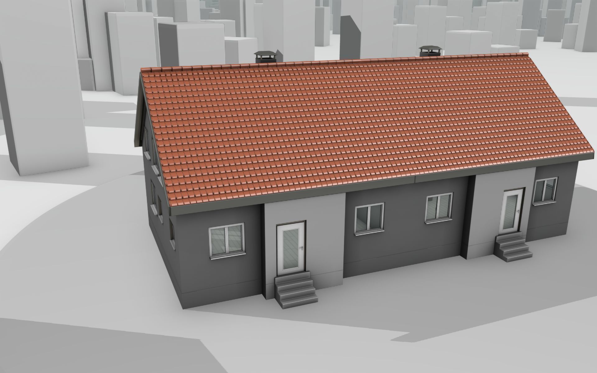 City House -2- Double-House - Roof red - Wall gray black Low-poly 3D model_33