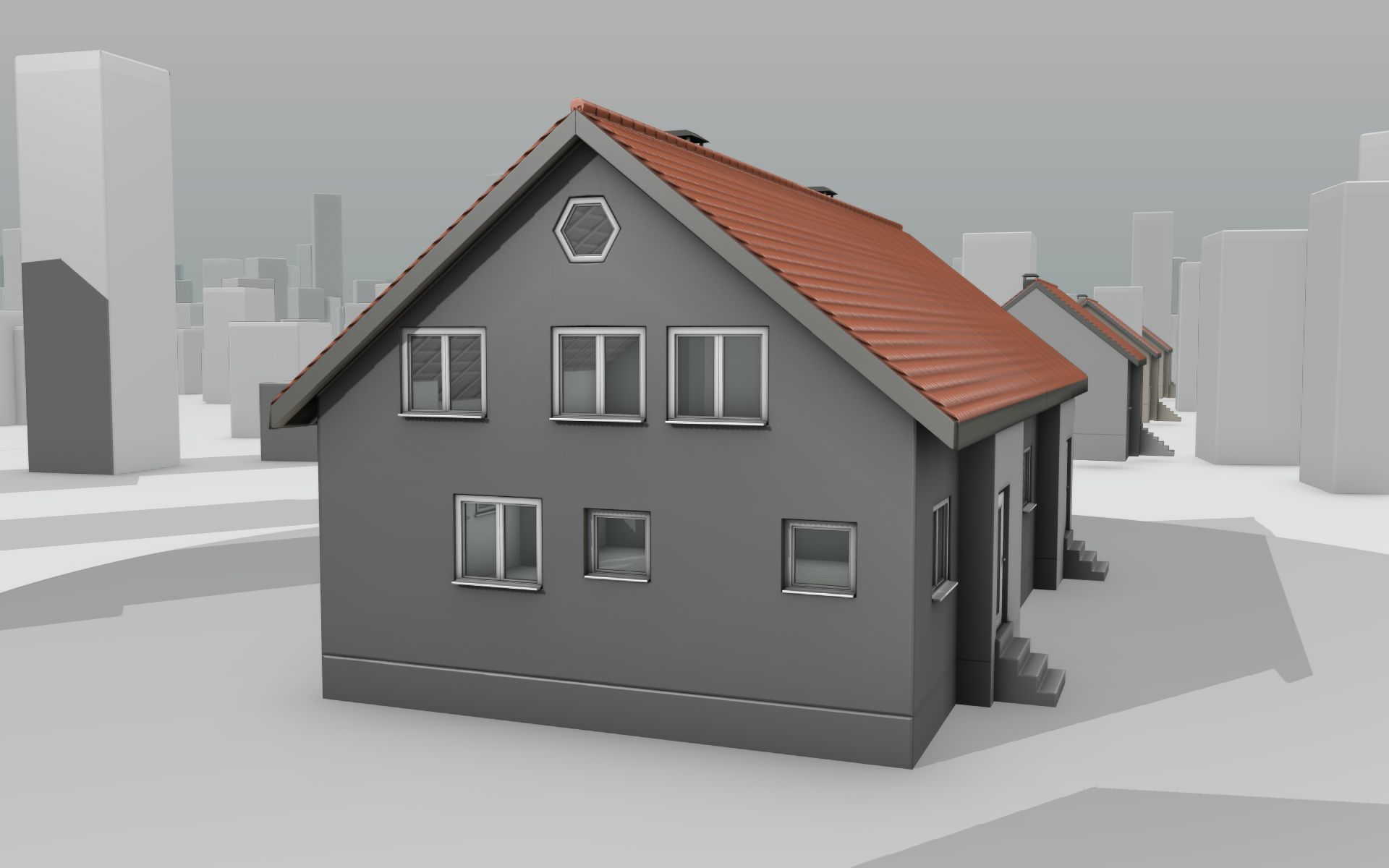City House -2- Double-House - Roof red - Wall gray black Low-poly 3D model_4
