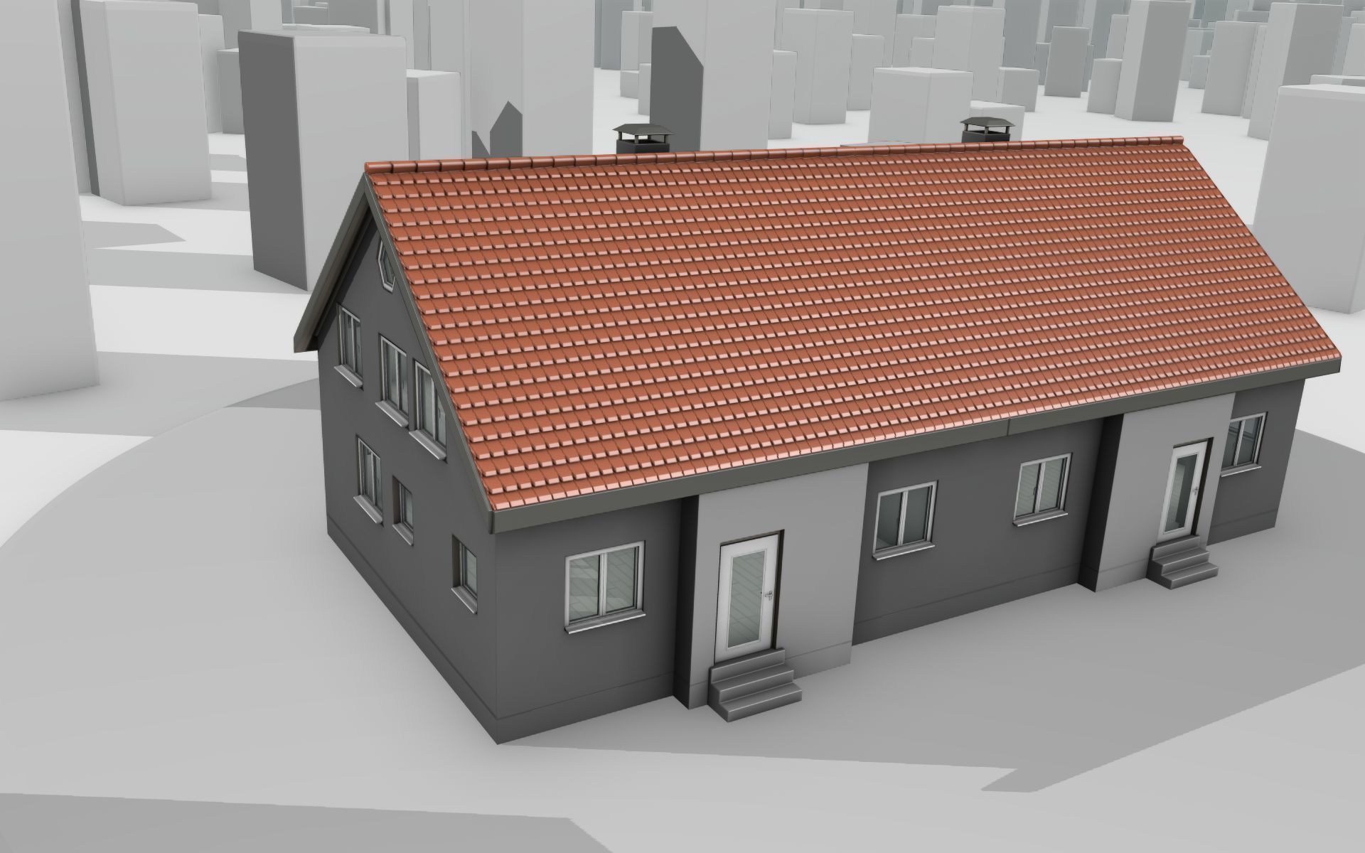 City House -2- Double-House - Roof red - Wall gray black Low-poly 3D model_34