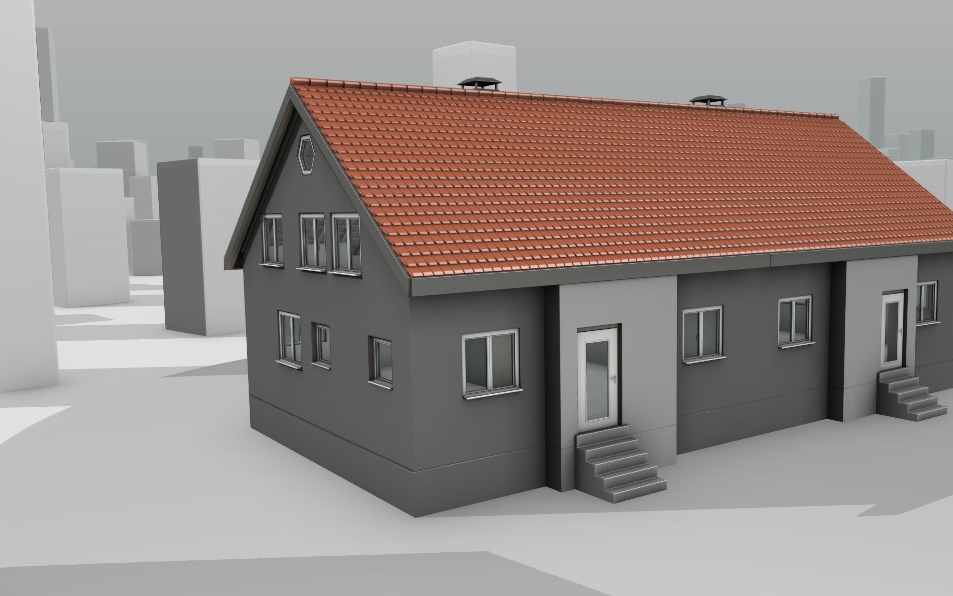 City House -2- Double-House - Roof red - Wall gray black Low-poly 3D model_1