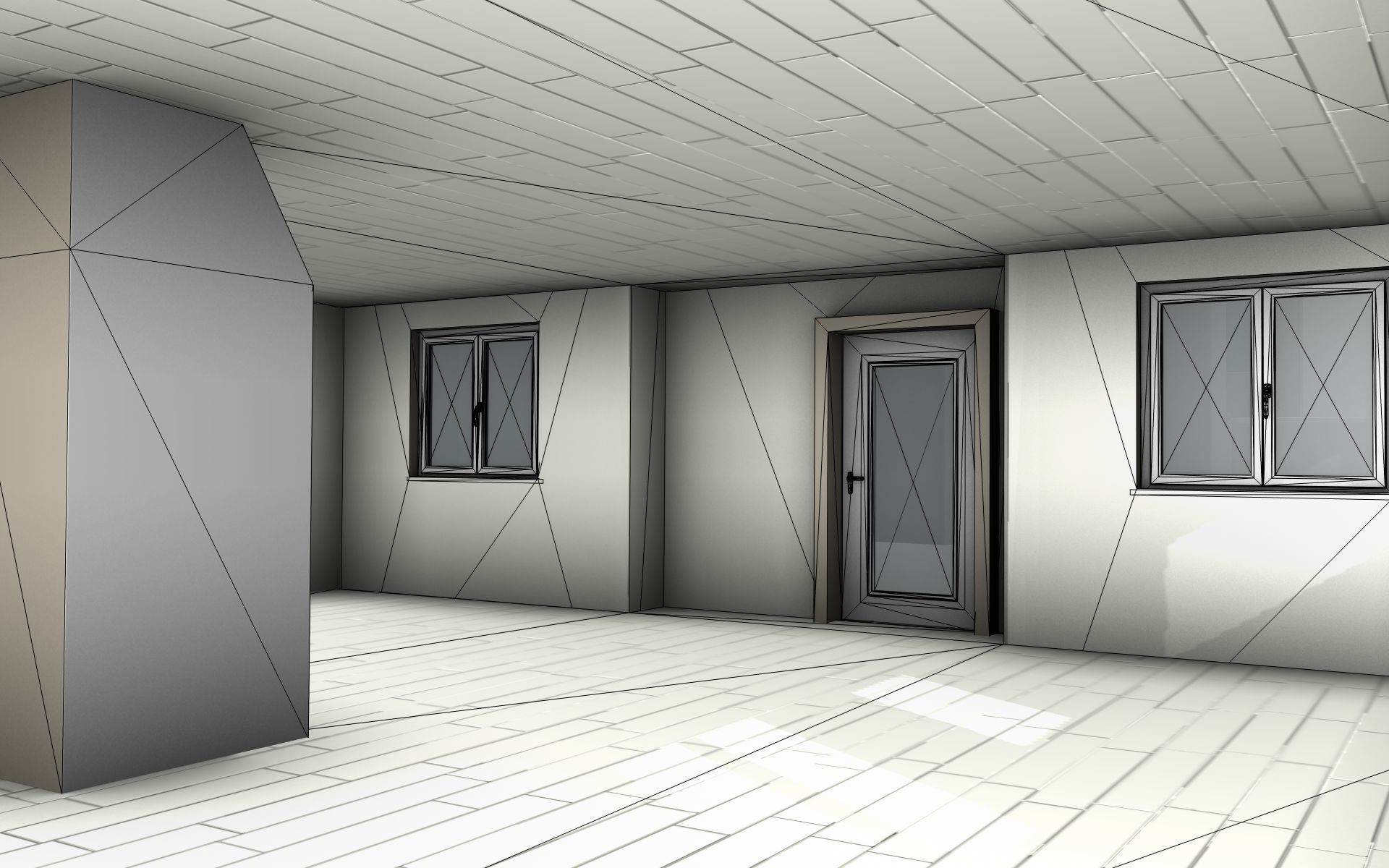 City House -2- Double-House - Roof red - Wall gray black Low-poly 3D model_16