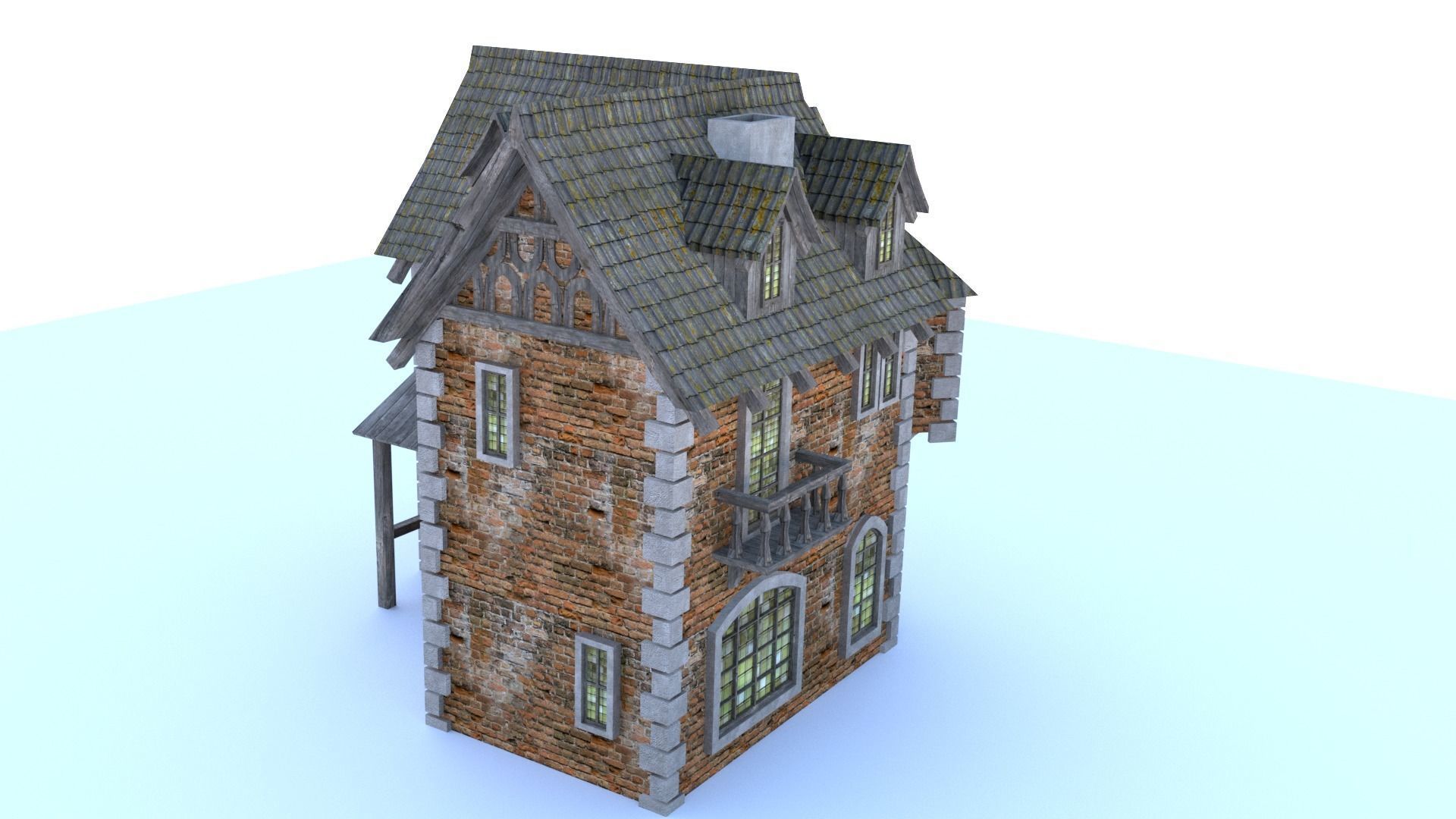 Medieval city corner house Low-poly 3D model_1