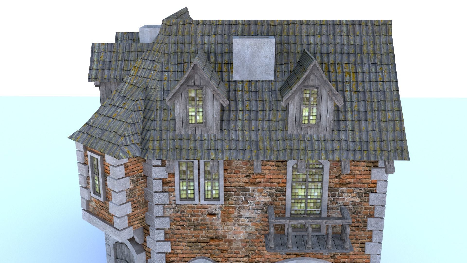 Medieval city corner house Low-poly 3D model_2