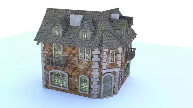 Medieval city corner house Low-poly 3D model