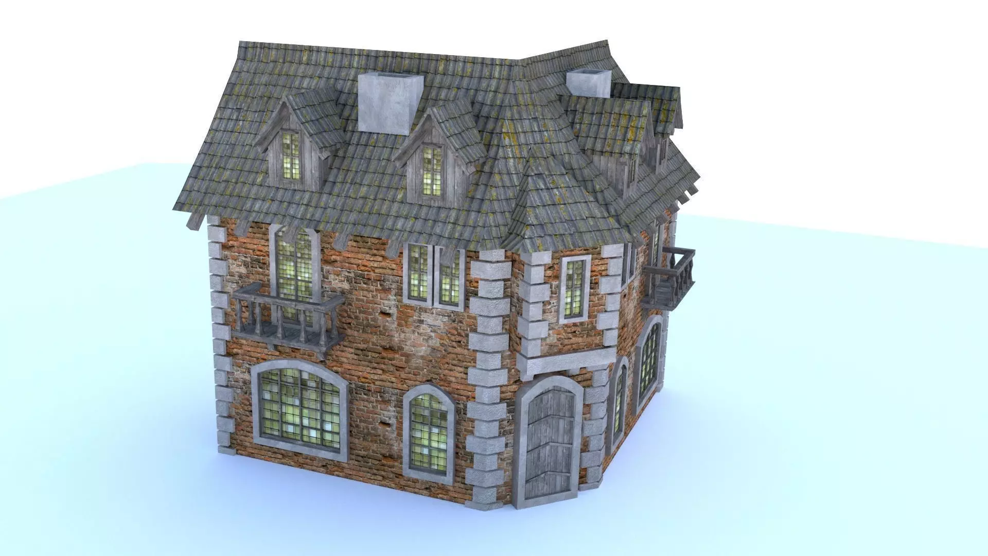 Medieval city corner house Low-poly 3D model_0