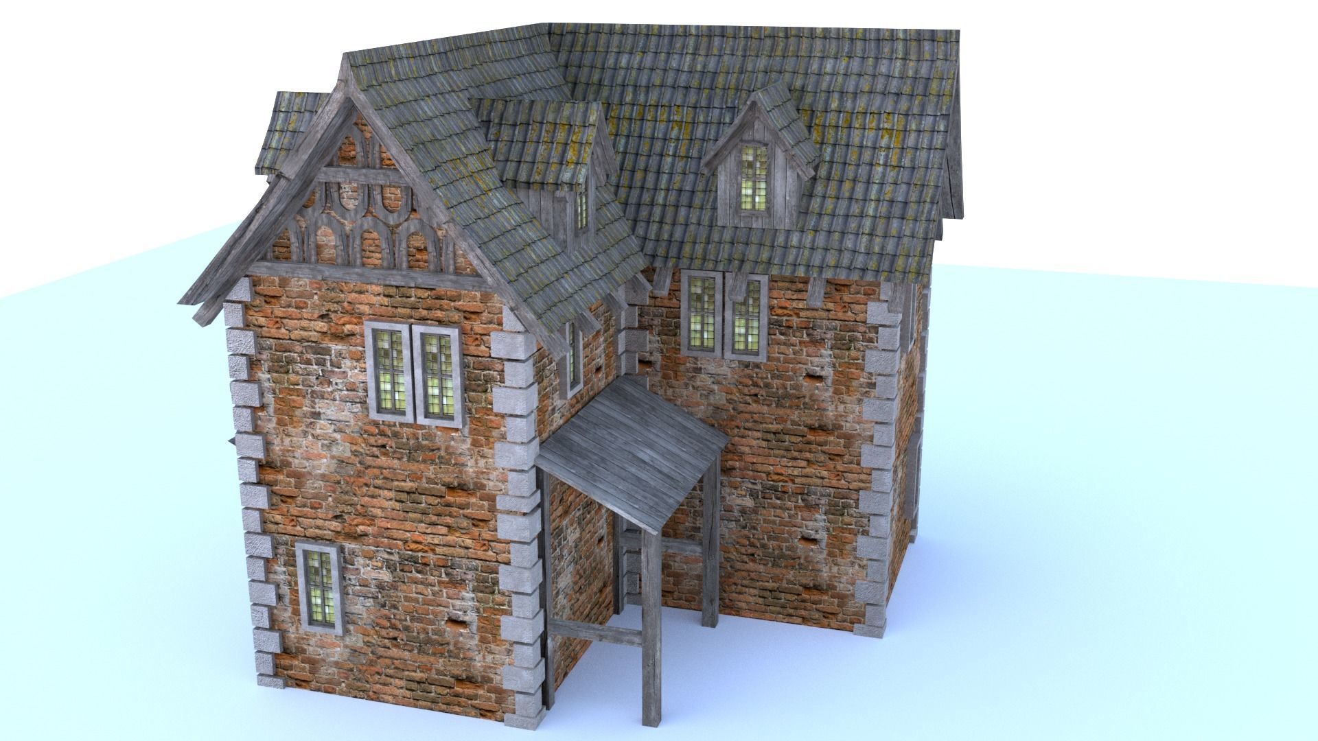 Medieval city corner house Low-poly 3D model_3