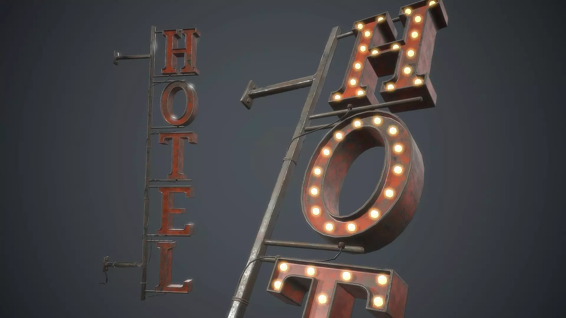 Old Metal Hotel Sign PBR Game Ready Low-poly 3D model_0