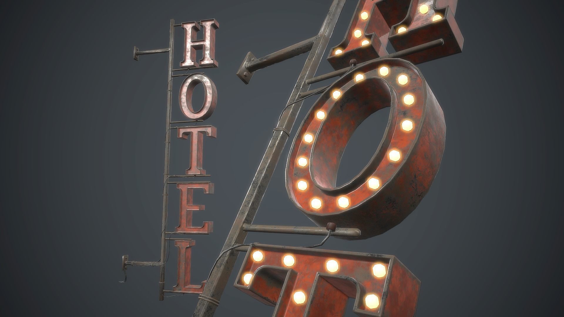 Old Metal Hotel Sign PBR Game Ready Low-poly 3D model_1