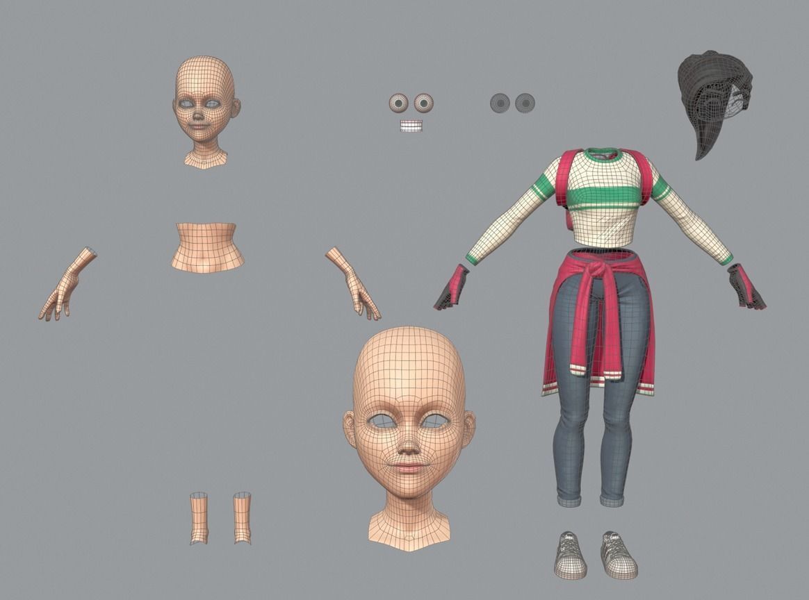 Cartoon teen girl Low-poly 3D model_8