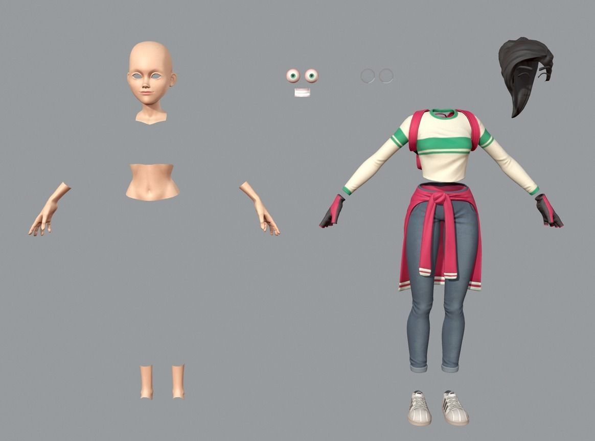 Cartoon teen girl Low-poly 3D model_7