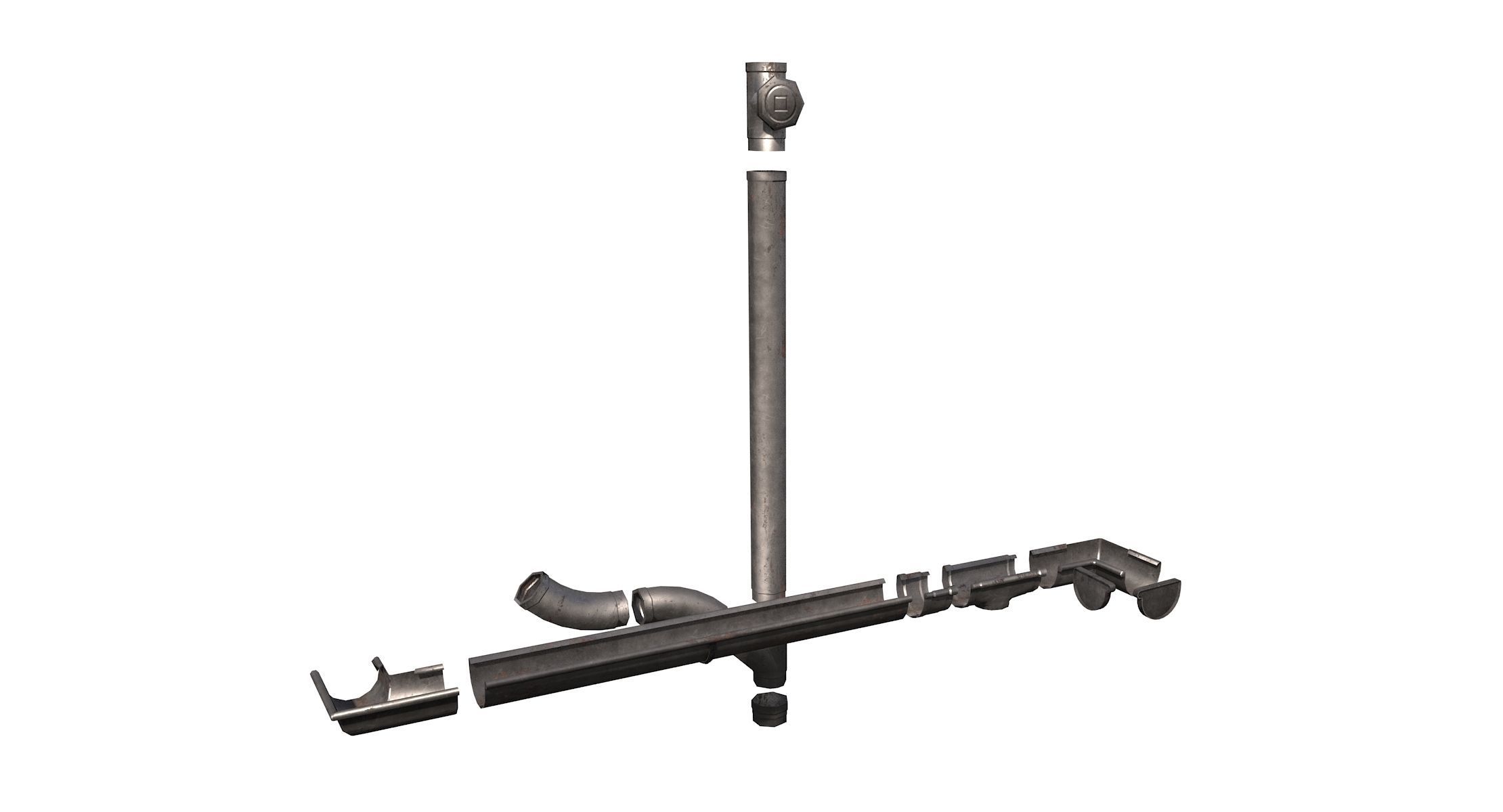 Old Aluminium Gutter System PBR Low-poly 3D model_1