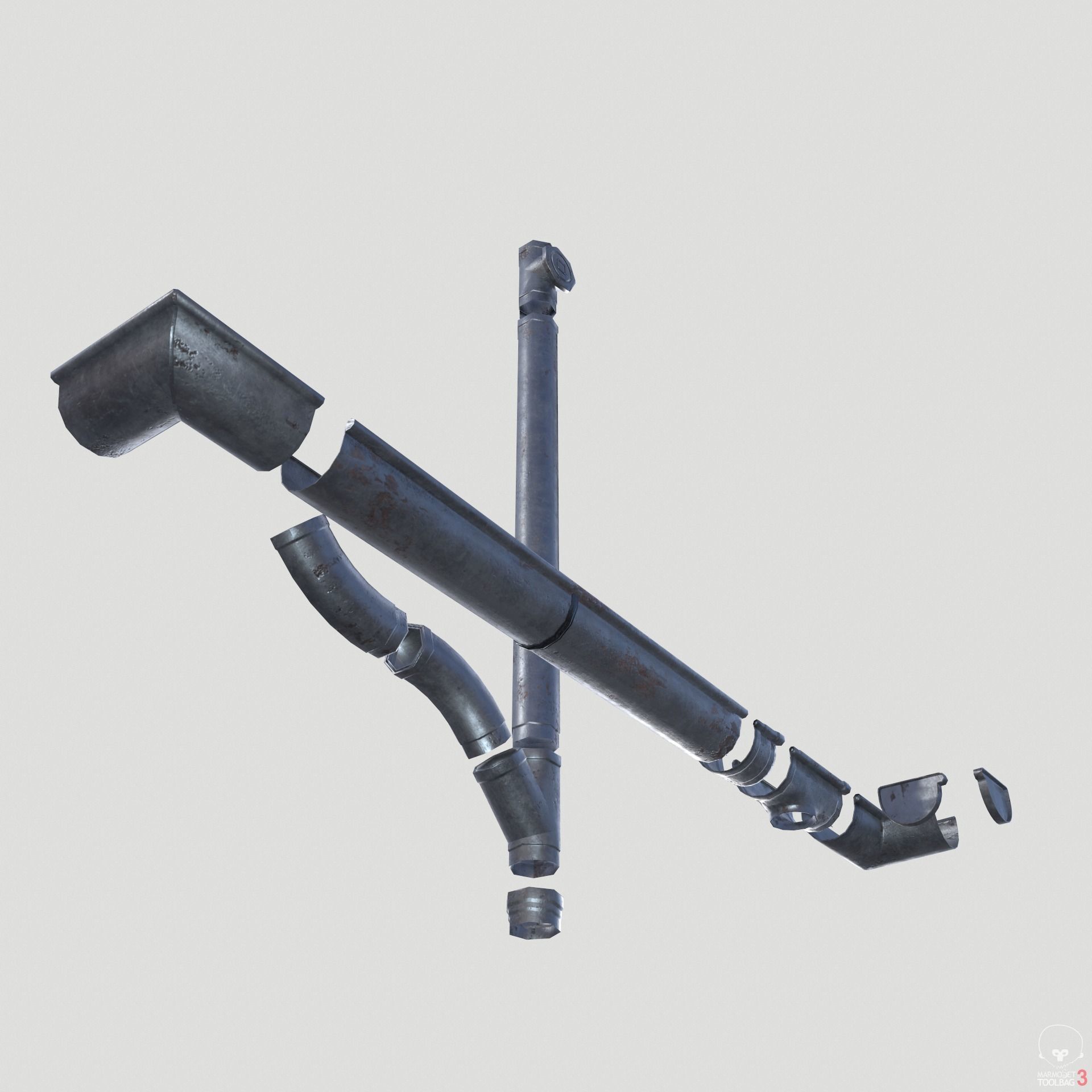 Old Aluminium Gutter System PBR Low-poly 3D model_12
