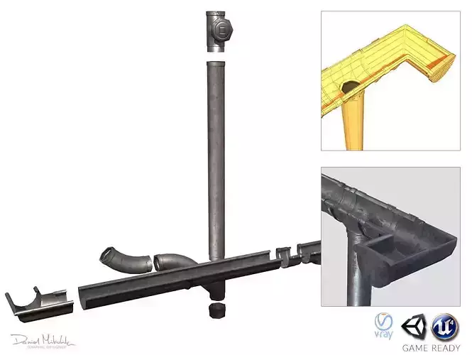 Old Aluminium Gutter System PBR Low-poly 3D model