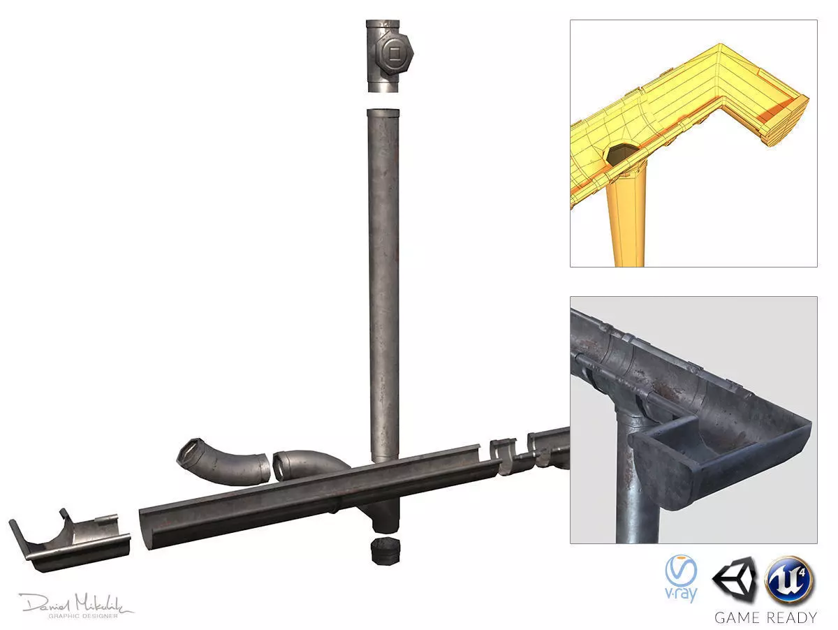 Old Aluminium Gutter System PBR Low-poly 3D model_0