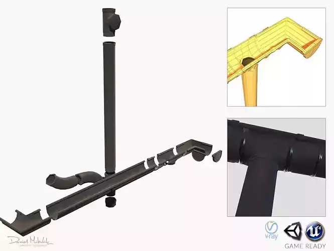 Old Black Gutter System PBR Low-poly 3D model