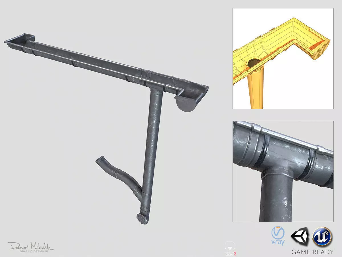 Old Steel Gutter System PBR Low-poly 3D model_0