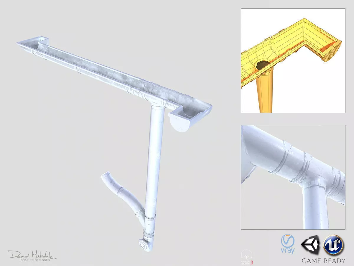 White Plastic Gutter System PBR Low-poly 3D model_0