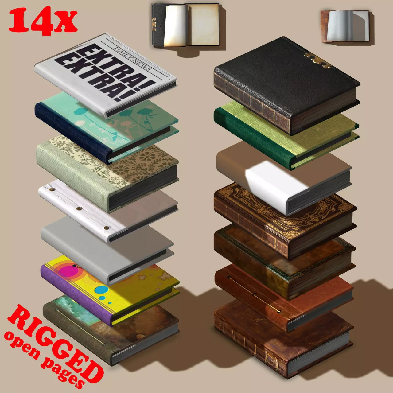Rigged BOOK COLLECTION - 14 unique books 3D model